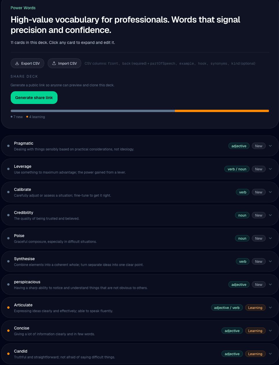 Soro Soke decks page showing mastery progress bars across New, Learning, Familiar, and Mastered levels