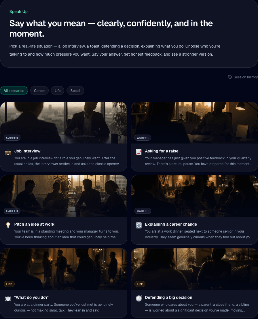 Speak Up scenario picker with high-stakes practice categories